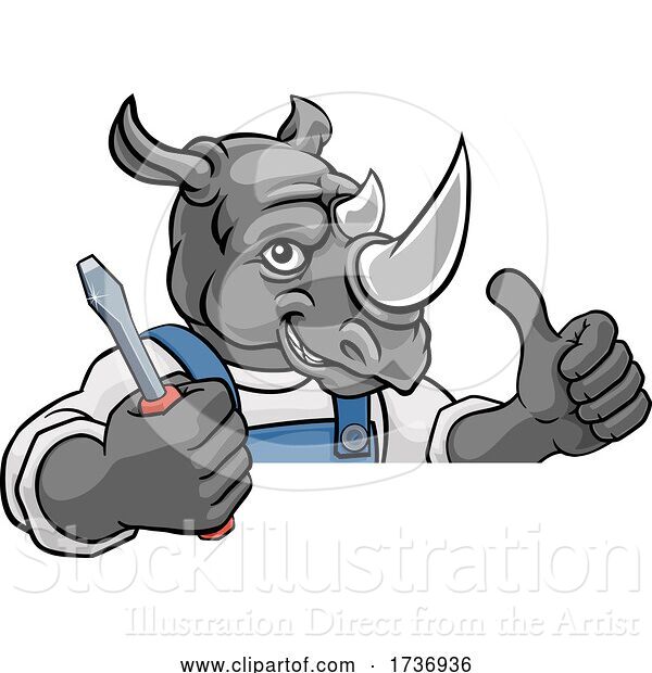 Vector Illustration of Cartoon Rhino Electrician Handyman Holding Screwdriver