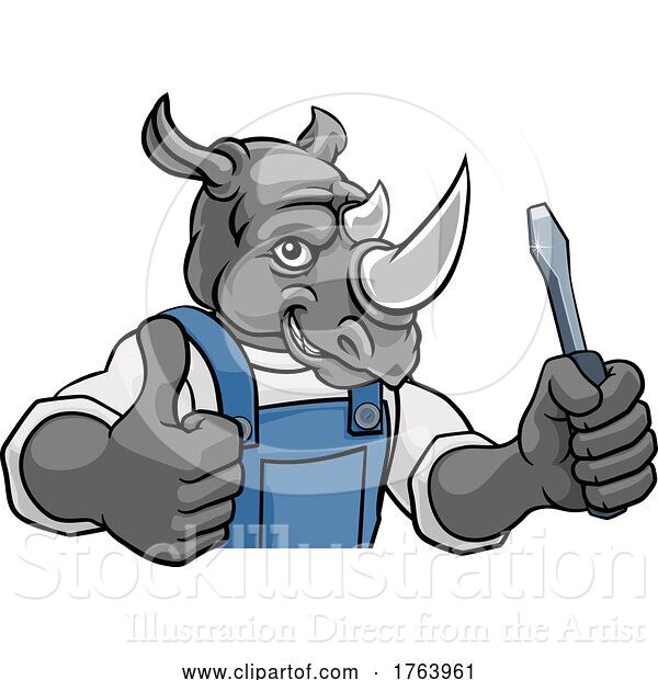 Vector Illustration of Cartoon Rhino Electrician Handyman Holding Screwdriver