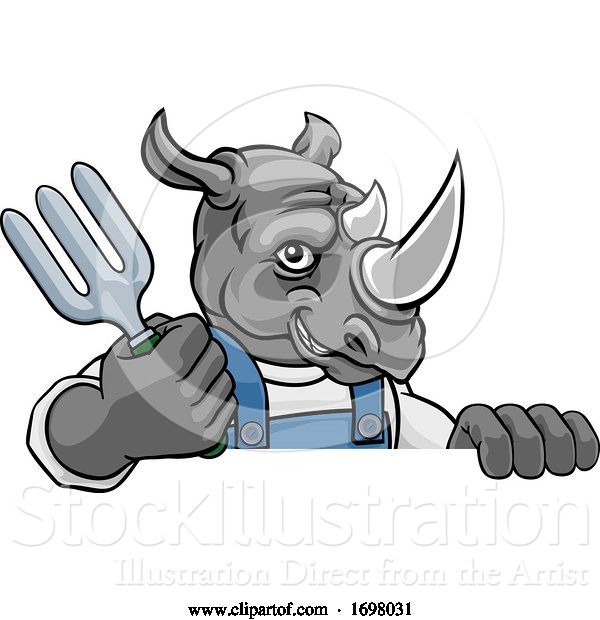 Vector Illustration of Cartoon Rhino Gardener Gardening Animal Mascot