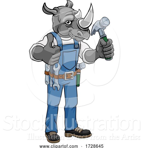 Vector Illustration of Cartoon Rhino Mascot Carpenter Handyman Holding Hammer