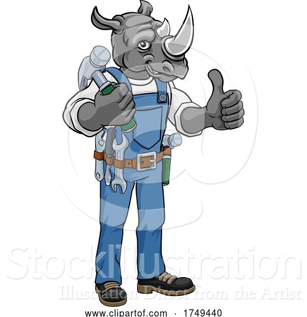 Vector Illustration of Cartoon Rhino Mascot Carpenter Handyman Holding Hammer