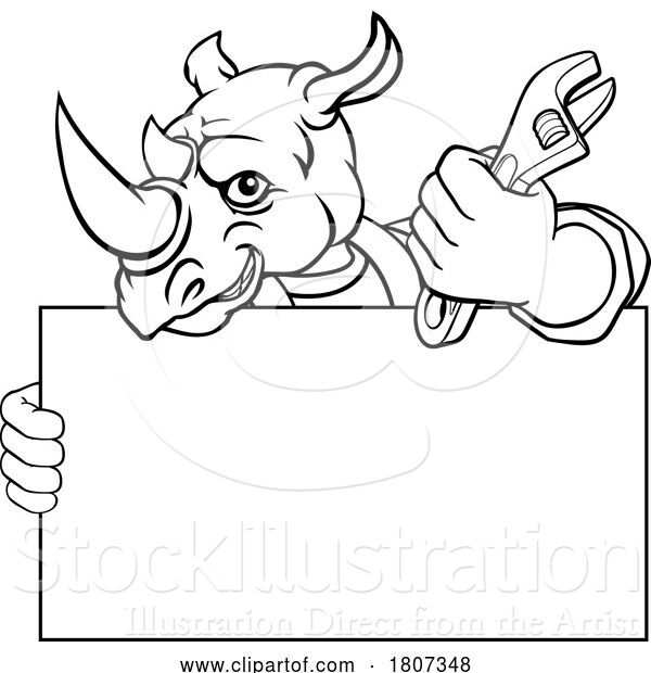 Vector Illustration of Cartoon Rhino Mechanic Plumber Spanner Wrench Handyman