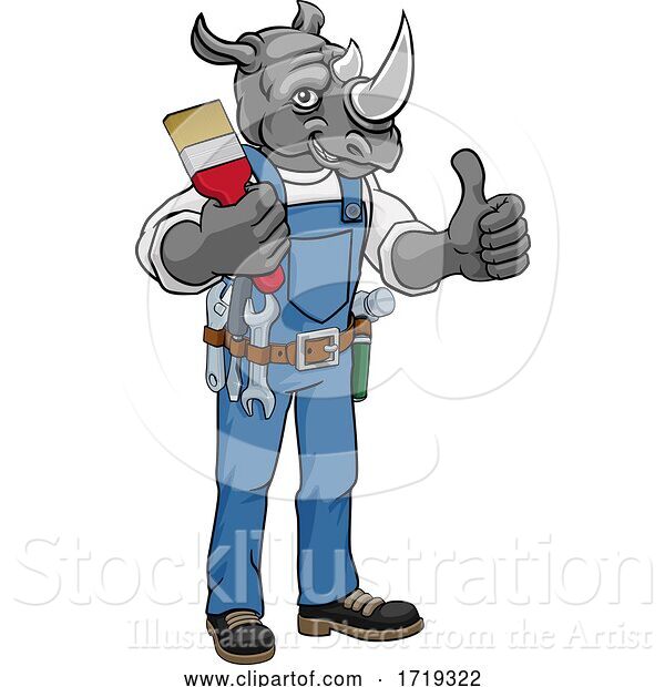 Vector Illustration of Cartoon Rhino Painter Decorator Holding Paintbrush