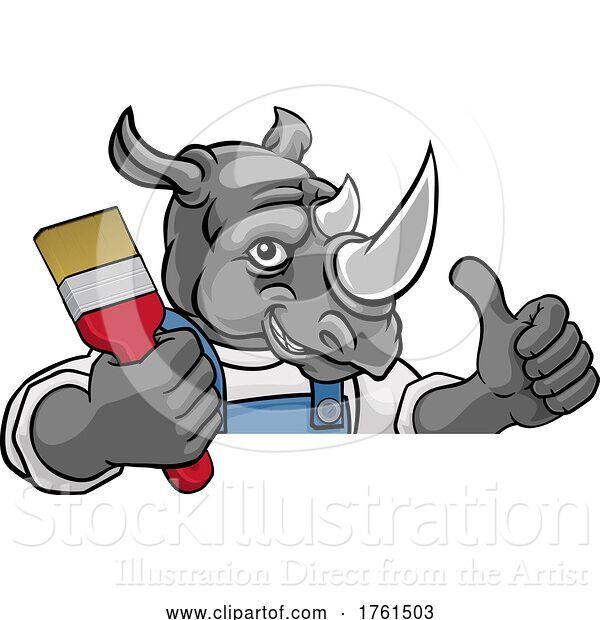 Vector Illustration of Cartoon Rhino Painter Decorator Holding Paintbrush