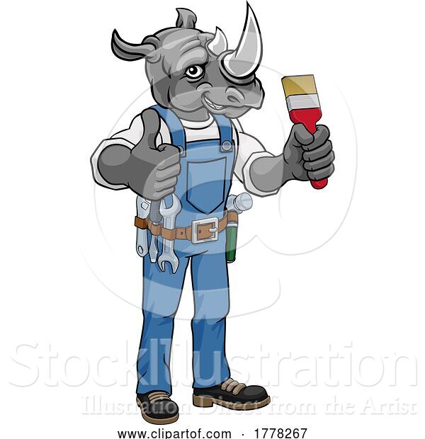 Vector Illustration of Cartoon Rhino Painter Decorator Holding Paintbrush