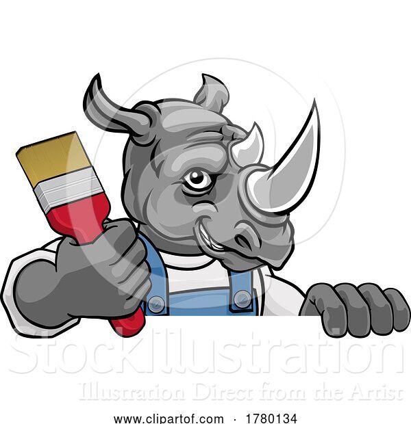 Vector Illustration of Cartoon Rhino Painter Decorator Holding Paintbrush