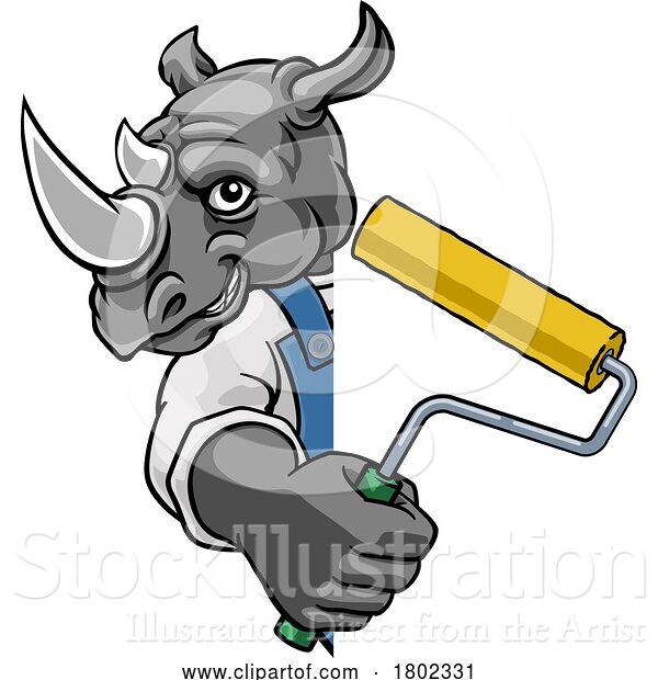 Vector Illustration of Cartoon Rhino Painter Decorator Paint Roller Mascot Guy