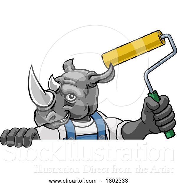 Vector Illustration of Cartoon Rhino Painter Decorator Paint Roller Mascot Guy