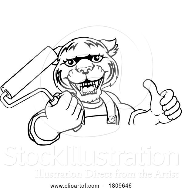 Vector Illustration of Cartoon Rhino Painter Decorator Paint Roller Mascot Guy