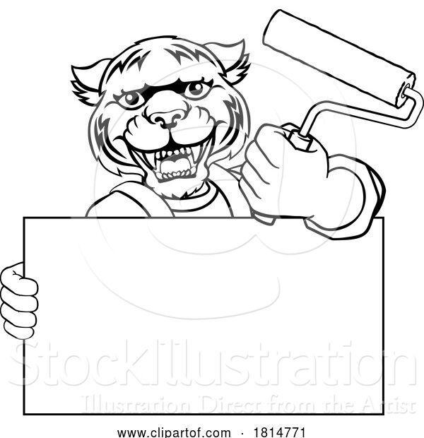 Vector Illustration of Cartoon Rhino Painter Decorator Paint Roller Mascot Guy