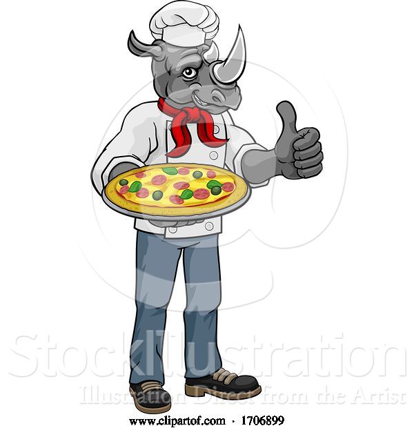 Vector Illustration of Cartoon Rhino Pizza Chef Restaurant Mascot