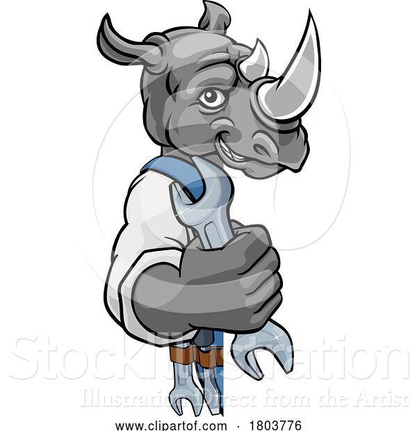 Vector Illustration of Cartoon Rhino Plumber or Mechanic Holding Spanner