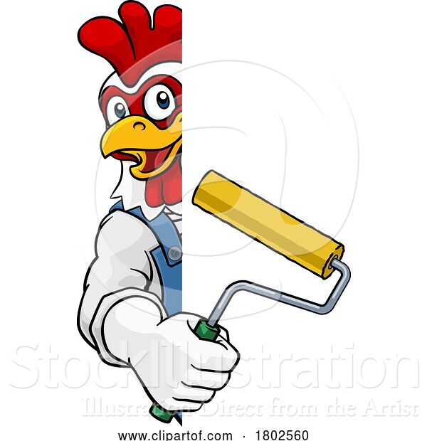 Vector Illustration of Cartoon Rooster Painter Decorator Paint Roller Mascot