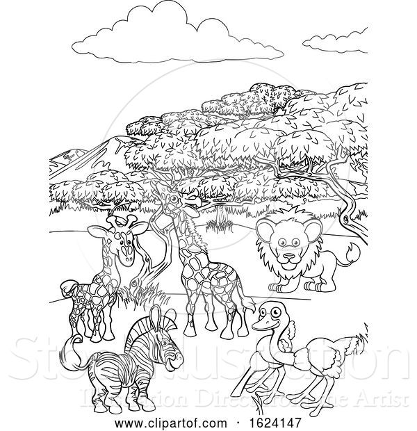 Vector Illustration of Cartoon Safari Animal Background Landscape Scene