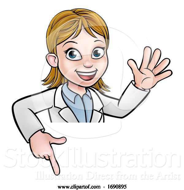 Vector Illustration of Cartoon Scientist Character Pointing at Sign