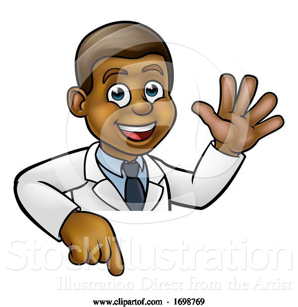 Vector Illustration of Cartoon Scientist Character Pointing at Sign