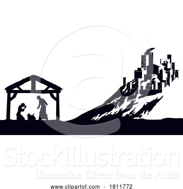 Vector Illustration of Cartoon Silhouetted Nativity Scene