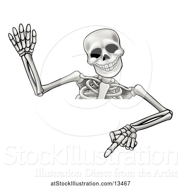 Vector Illustration of Cartoon Skeleton Waving and Pointing down over a Sign