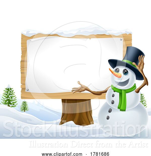 Vector Illustration of Cartoon Snowman Christmas Snow Sign Landscape Scene