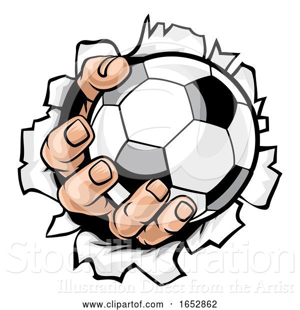 Vector Illustration of Cartoon Soccer Ball Hand Tearing Background