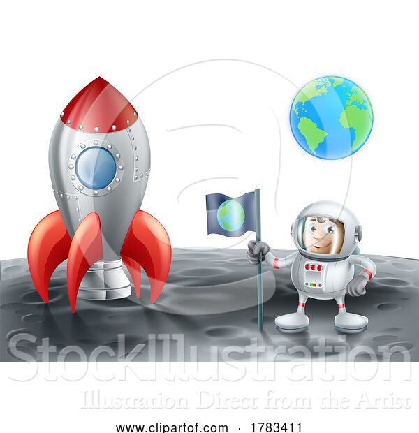 Vector Illustration of Cartoon Space Rocket Spaceship Moon and Astronaut