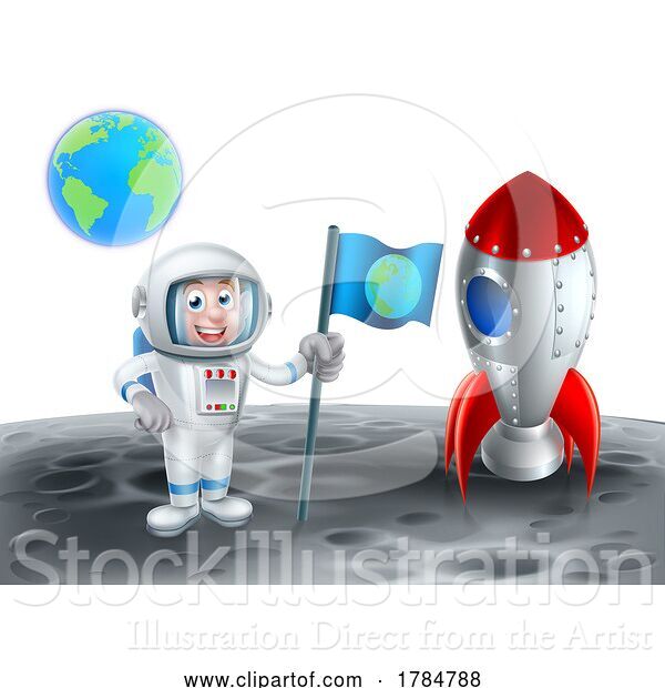 Vector Illustration of Cartoon Space Rocket Spaceship Moon and Astronaut