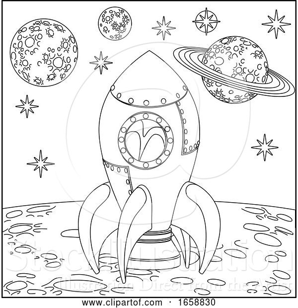 Vector Illustration of Cartoon Space Scene Rocket Ship on Moon