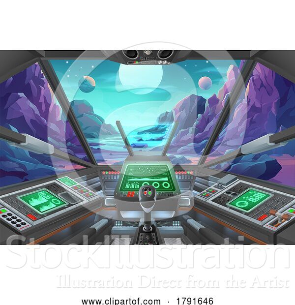 Vector Illustration of Cartoon Spaceship Cockpit Alien Planet Scene Background