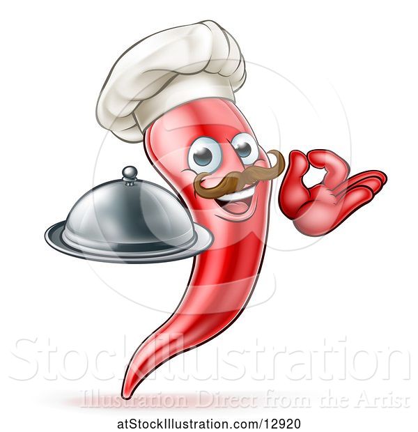 Vector Illustration of Cartoon Spicy Hot Red Chili Pepper Chef Mascot Holding a Cloche and Gesturing Ok