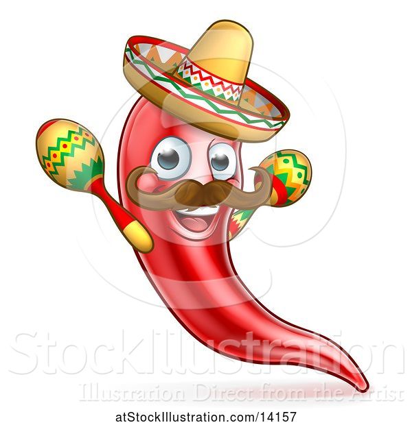 Vector Illustration of Cartoon Spicy Hot Red Chili Pepper Mascot Wearing a Sombrero Hat and Shaking Mexican Maracas