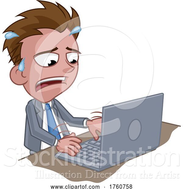 Vector Illustration of Cartoon Stressed Anxious Businessman Using Laptop Cartoon