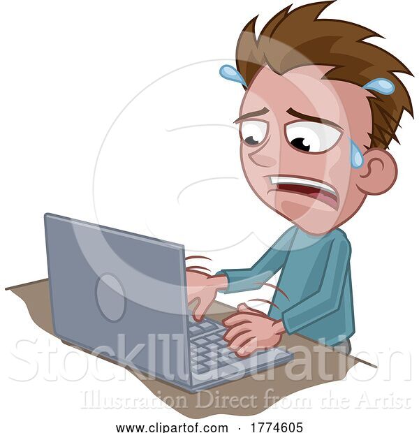 Vector Illustration of Cartoon Stressed Anxious Guy Using Laptop Cartoon