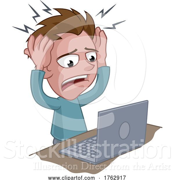 Vector Illustration of Cartoon Stressed or Headache Guy with Laptop Cartoon