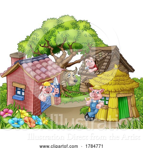 Vector Illustration of Cartoon Three Little Pigs Wolf Fairy Tale Nursery Rhyme