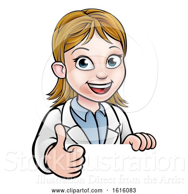 Vector Illustration of Cartoon Thumbs up Scientist Character Sign