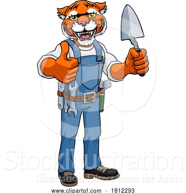 Vector Illustration of Cartoon Tiger Bricklayer Builder Holding Trowel Tool