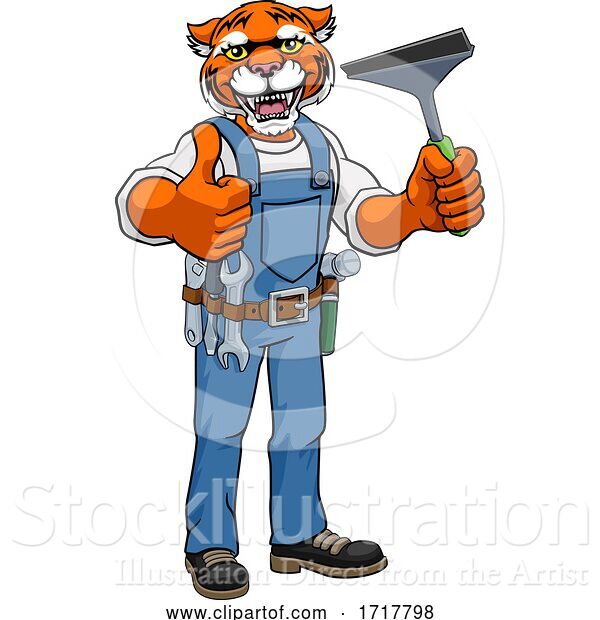 Vector Illustration of Cartoon Tiger Car or Window Cleaner Holding Squeegee