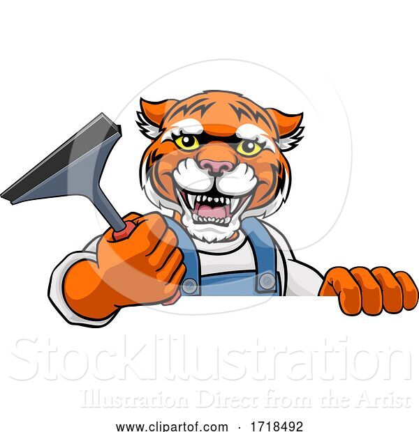 Vector Illustration of Cartoon Tiger Car or Window Cleaner Holding Squeegee