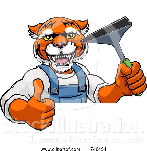 Vector Illustration of Cartoon Tiger Car or Window Cleaner Holding Squeegee