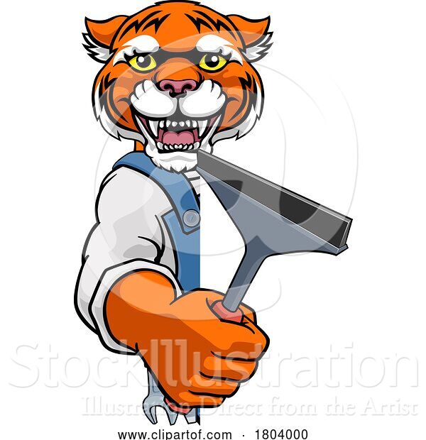 Vector Illustration of Cartoon Tiger Car or Window Cleaner Holding Squeegee