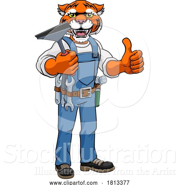 Vector Illustration of Cartoon Tiger Car or Window Cleaner Holding Squeegee