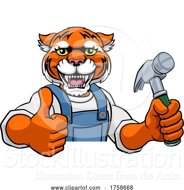 Vector Illustration of Cartoon Tiger Carpenter Handyman Builder Holding Hammer