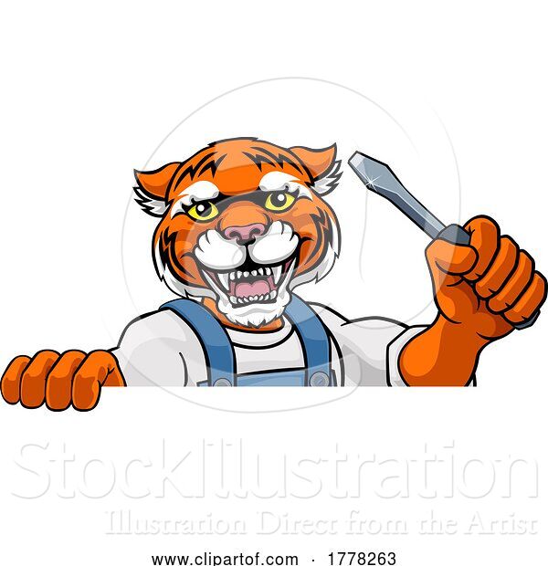 Vector Illustration of Cartoon Tiger Electrician Handyman Holding Screwdriver