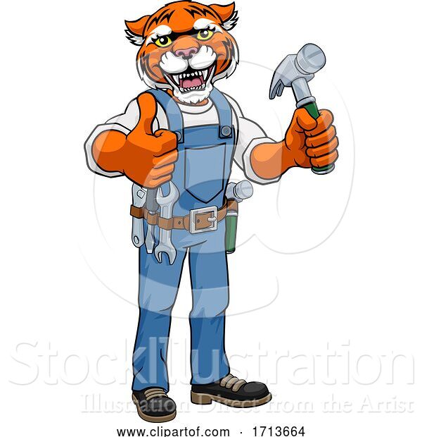 Vector Illustration of Cartoon Tiger Mascot Carpenter Handyman Holding Hammer