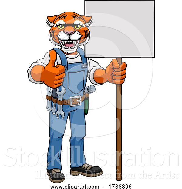 Vector Illustration of Cartoon Tiger Mascot Handyman Holding Sign