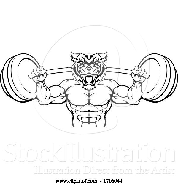 Vector Illustration of Cartoon Tiger Mascot Weight Lifting Barbell Body Builder