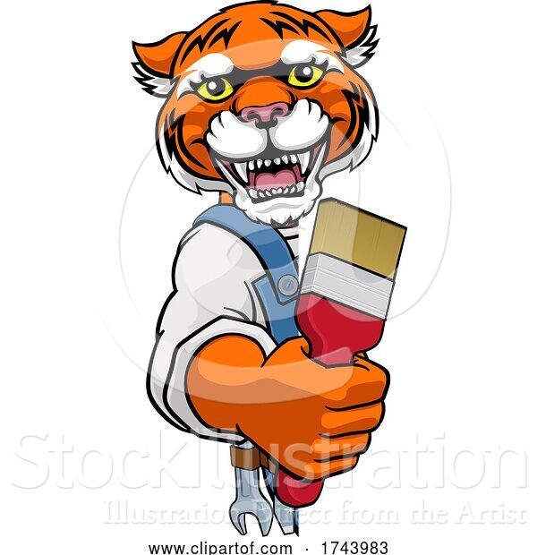 Vector Illustration of Cartoon Tiger Painter Decorator Holding Paintbrush