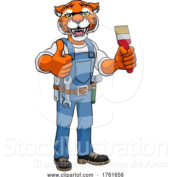 Vector Illustration of Cartoon Tiger Painter Decorator Holding Paintbrush