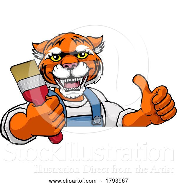 Vector Illustration of Cartoon Tiger Painter Decorator Holding Paintbrush
