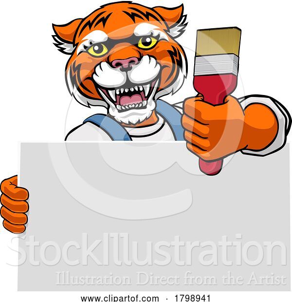 Vector Illustration of Cartoon Tiger Painter Decorator Paint Brush Mascot Guy